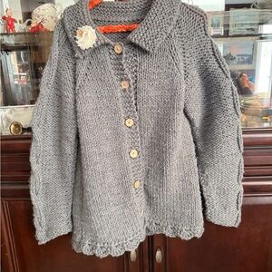 Handmade Gray Knit Cardigan with Floral Accent